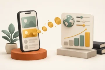 Illustration of a mobile app ad placement generating revenue, with coins flowing to an ad revenue estimation dashboard showing geography sliders and a growth chart