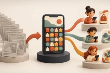 Illustration of mobile ad monetization shifting from a generic waterfall of identical ads to personalized in-app ads delivered to different mobile game players